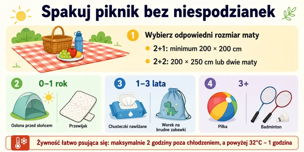 Dobór maty według liczby osób, checklista dla dzieci 0–1, 1–3 i 3+ oraz zasada dwóch godzin dla żywności