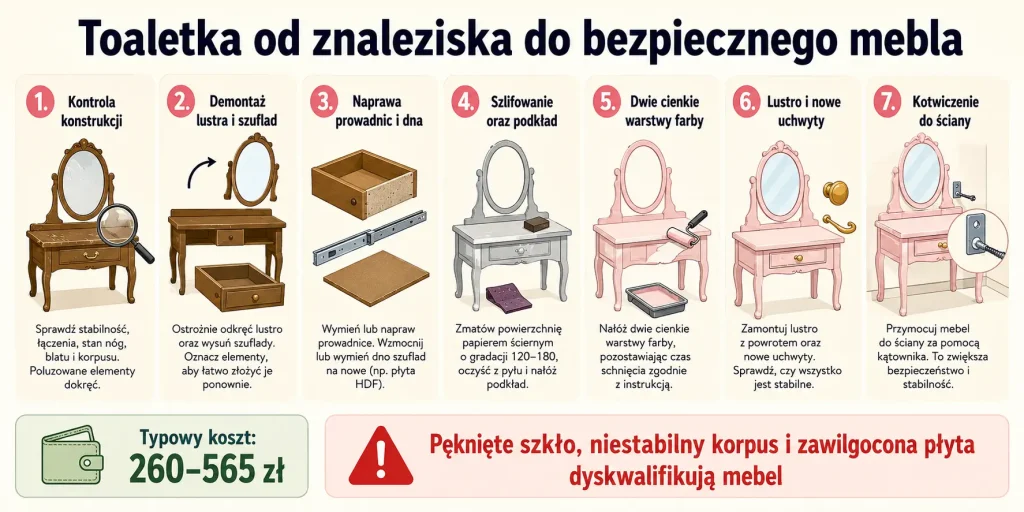 Kontrola konstrukcji, wymiana lustra, naprawa szuflad, szlifowanie, malowanie, montaż uchwytów i kotwiczenie