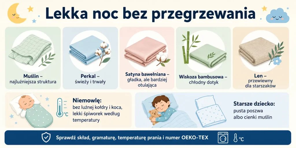 Porównanie muślinu, perkalu, satyny, wiskozy bambusowej i lnu oraz bezpieczne warianty przykrycia według wieku