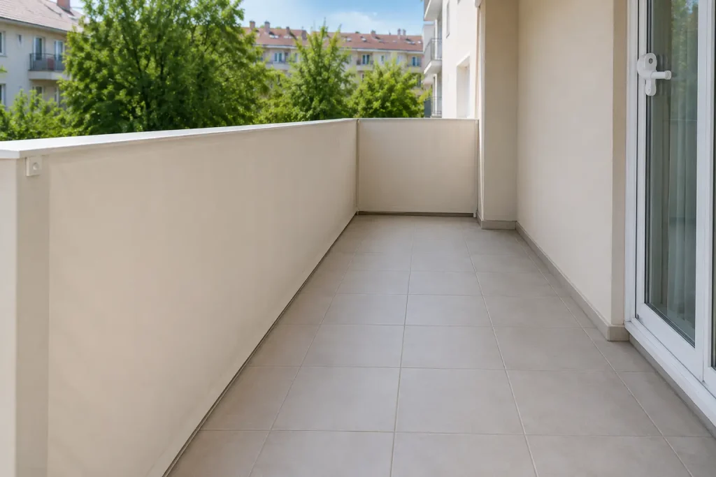 Zabezpieczona osłoną balustrada, blokada drzwi balkonowych oraz pusty pas bezpieczeństwa bez mebli