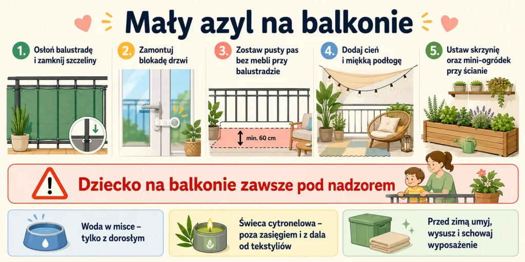 Audyt balustrady i drzwi, strefa cienia, miękka podłoga, przechowywanie oraz mini-ogródek