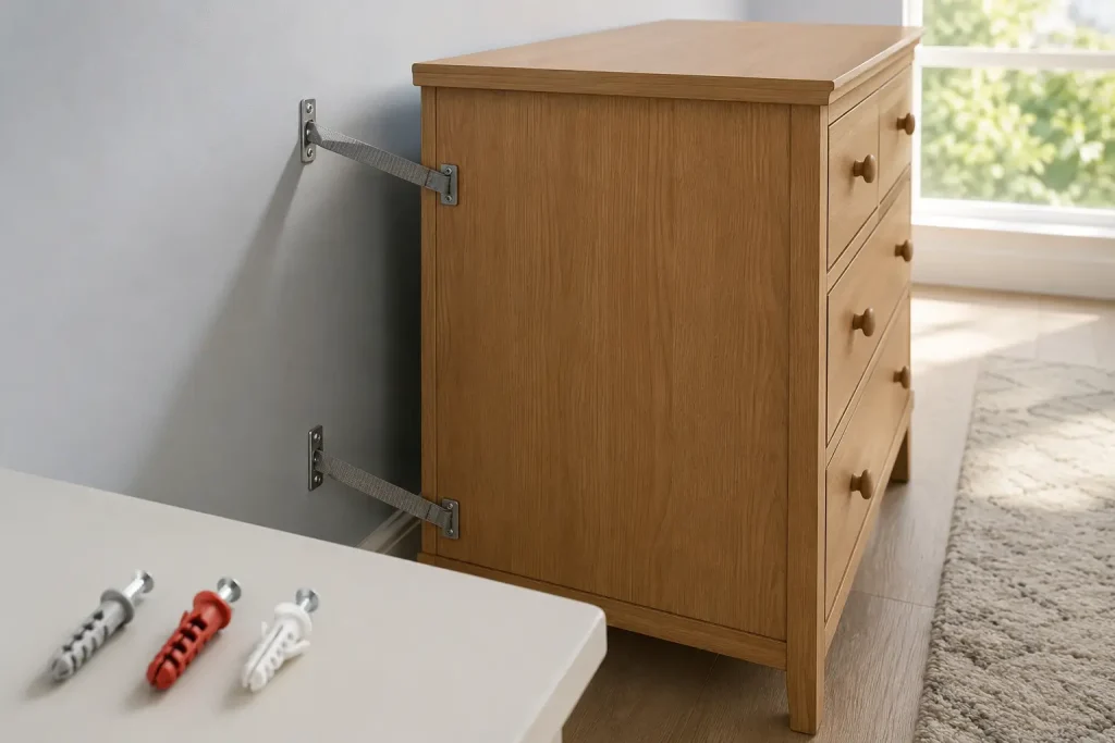 Komoda zabezpieczona dwoma punktami mocowania oraz przykładowe kotwy dobrane do różnych ścian
