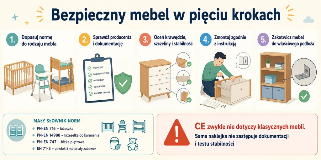 Właściwa norma, dokumentacja producenta, test konstrukcji, poprawny montaż i skuteczne kotwiczenie