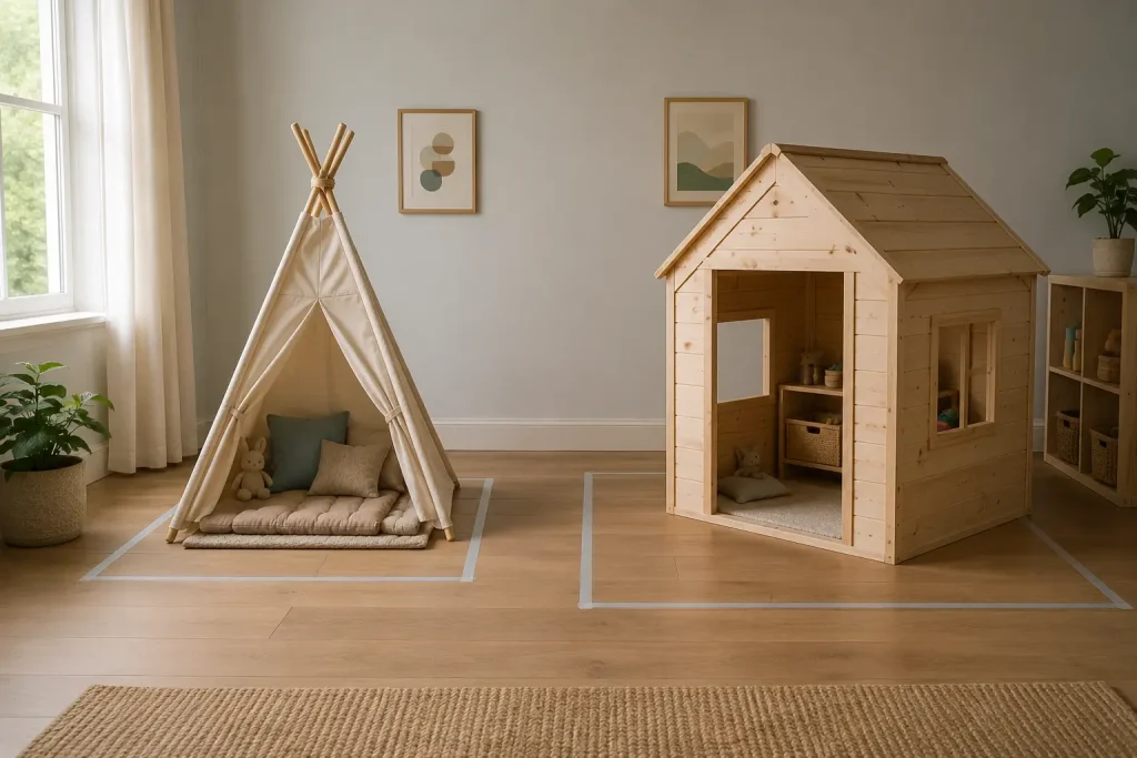 Tipi i drewniany domek ustawione w dwóch uporządkowanych kącikach dziecięcego pokoju