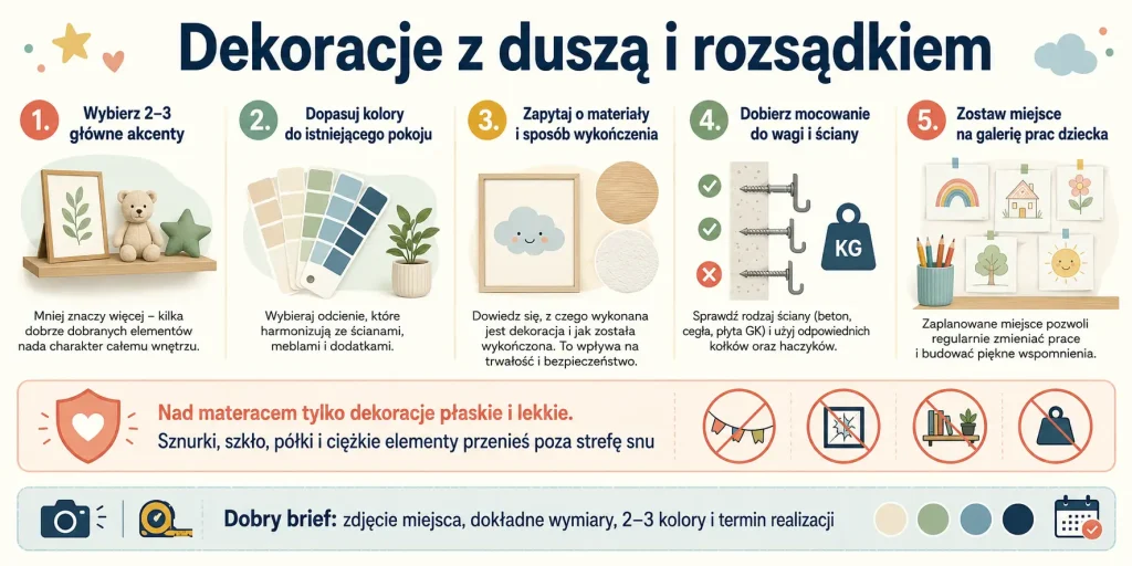 Wybierz 2–3 mocne akcenty, sprawdź materiały, zaplanuj montaż i zostaw miejsce na twórczość dziecka
