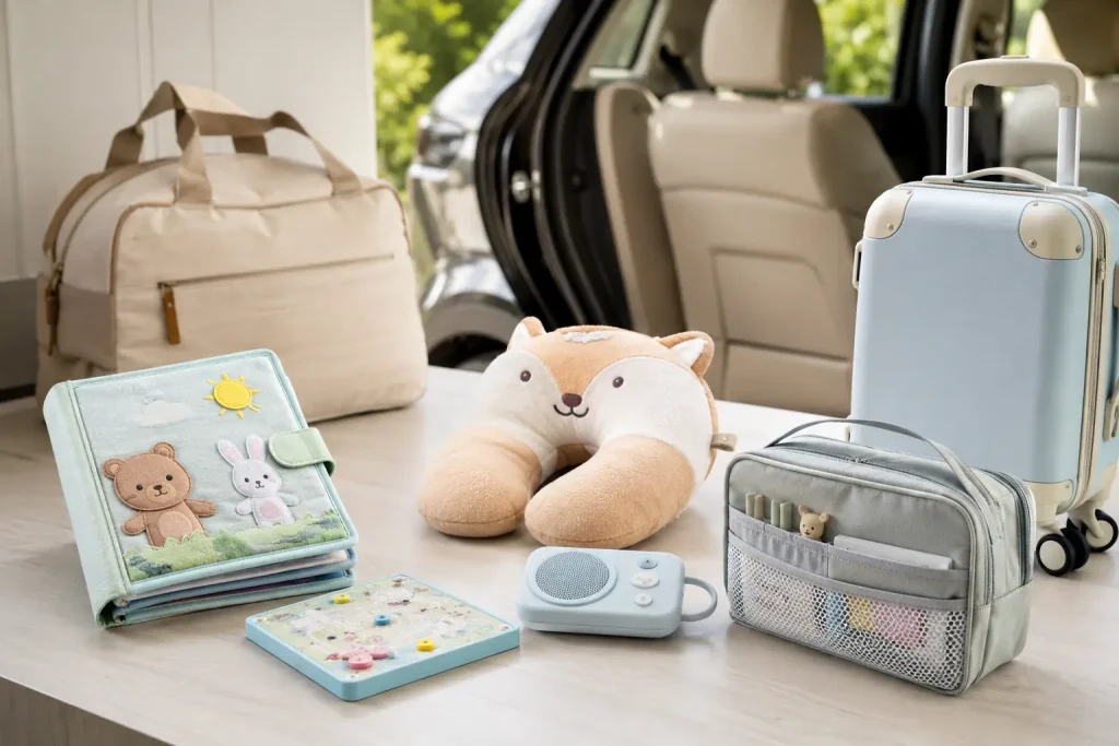Personalizowany quiet book, lekka gra magnetyczna, odtwarzacz audio i dziecięca walizka podróżna