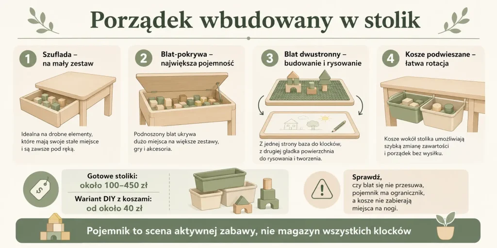  wybierz pojemnik na jedną kategorię, zostaw wolne miejsce na nogi, sprawdź stabilność blatu i wymieniaj zawartość w rotacji