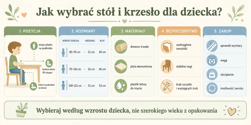Wzrost dziecka, wysokość siedziska i blatu, materiały, stabilność oraz budżet zakupu