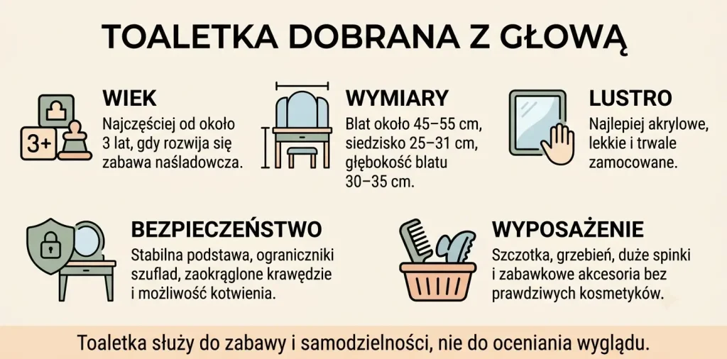 Wiek, wysokość, bezpieczne lustro, stabilność, materiały i wyposażenie