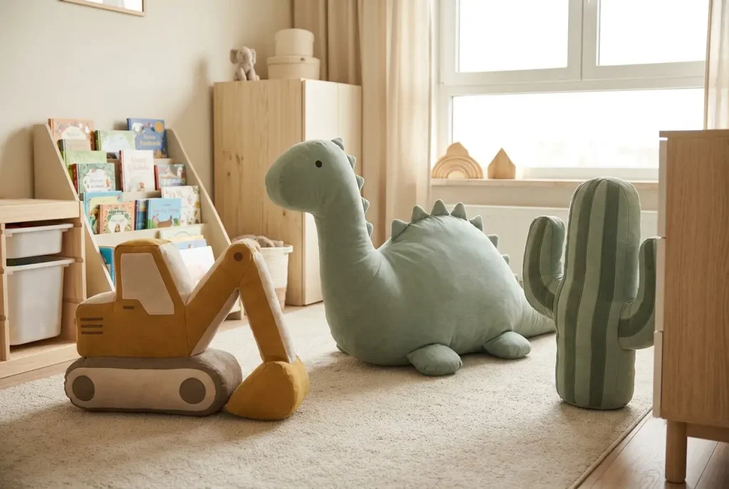 duże poduchy dziecięce w kształcie dinozaura, koparki i kaktusa