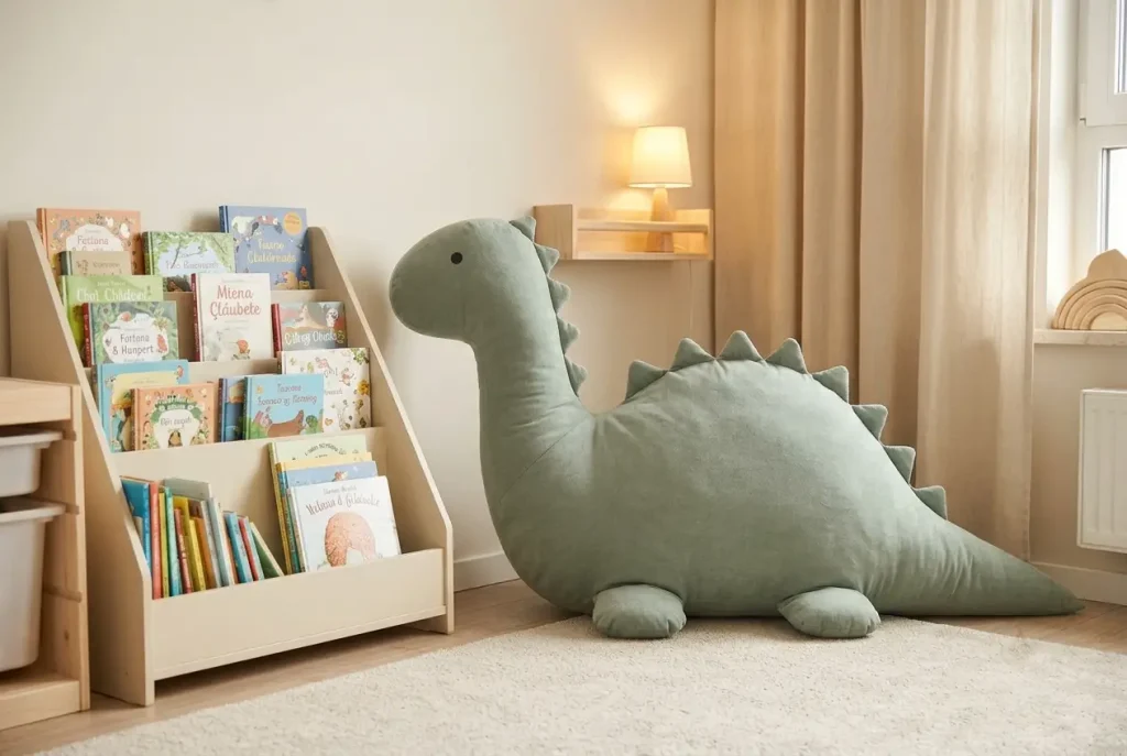duża poducha dinozaur w jasnym kąciku czytelniczym z książkami