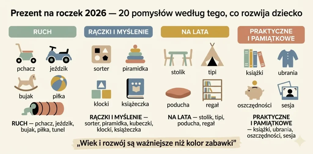 Prezent na roczek 2026 — 20 pomysłów według tego, co rozwija dziecko