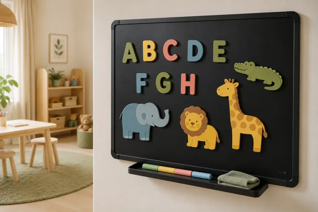duże bezpieczne litery i obrazki magnetyczne oraz kreda przygotowane przy tablicy
