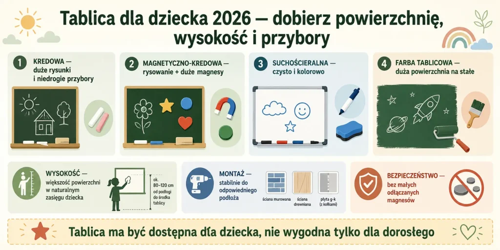 Tablica dla dziecka 2026 — dobierz powierzchnię, wysokość i przybory