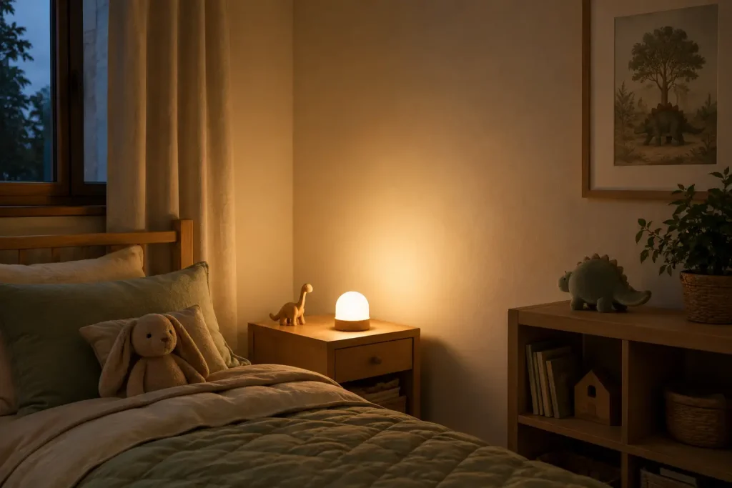 ciepła bursztynowa lampka nocna w dziecięcej sypialni