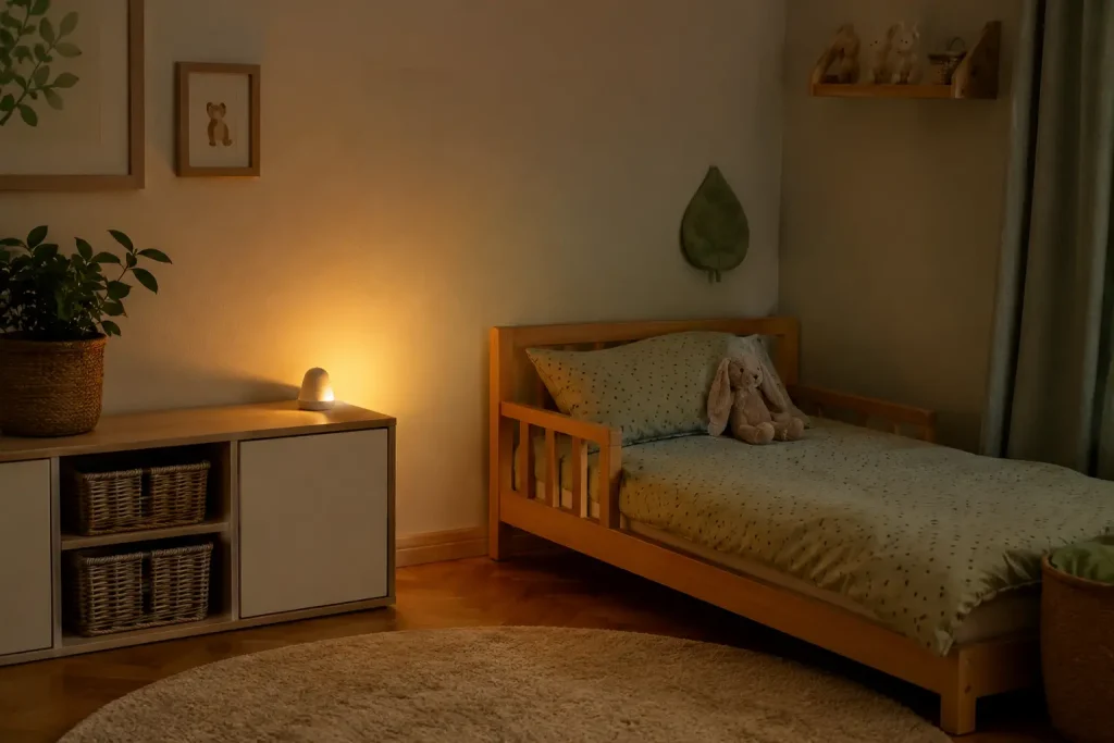  lampka nocna ustawiona nisko i skierowana na ścianę obok dziecięcego łóżka