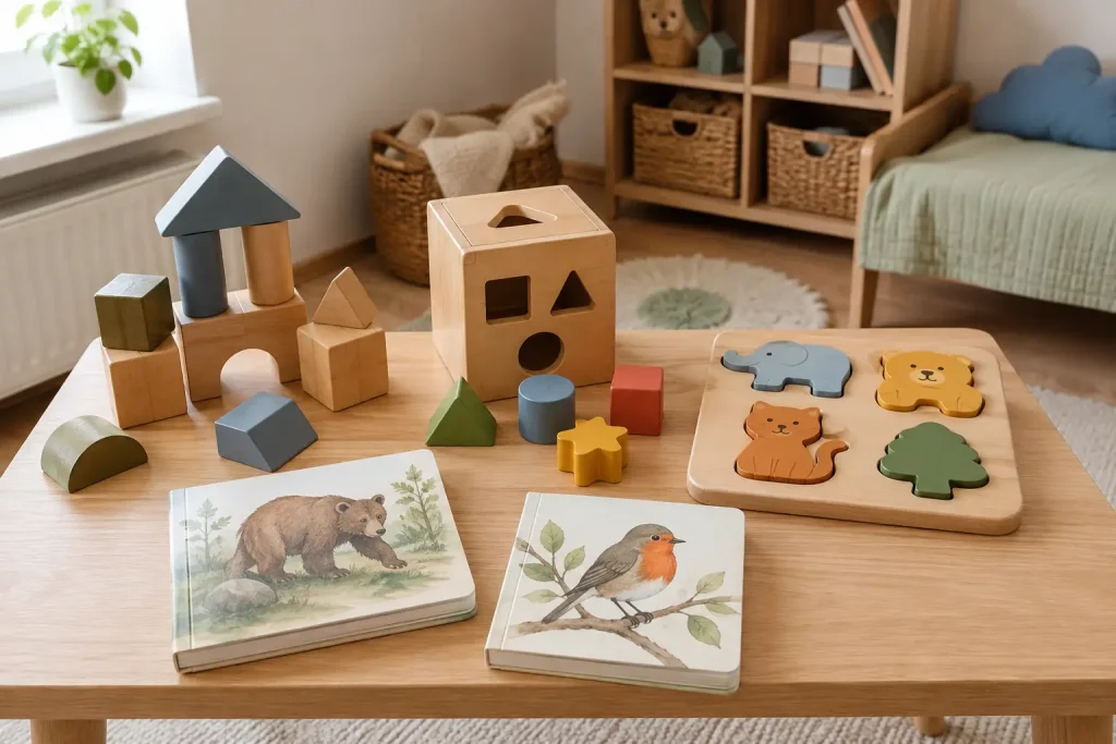 klocki, sorter, proste puzzle i książeczki dla dzieci od 1. do 3. roku życia