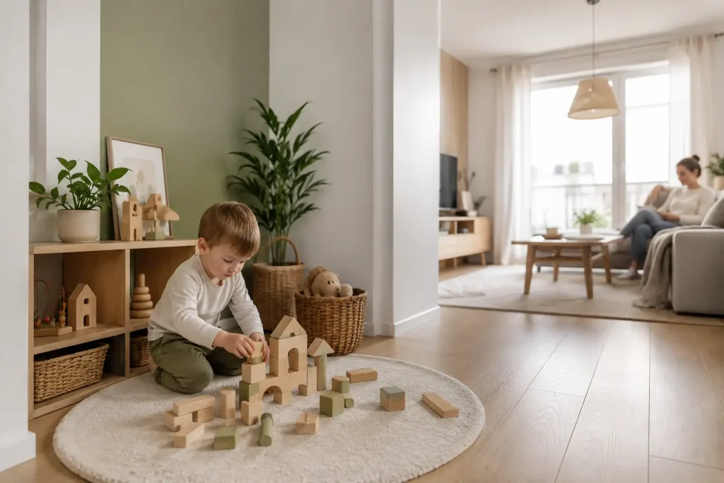 Kącik zabaw o powierzchni 2–3 m² wydzielony w rogu rodzinnego salonu
