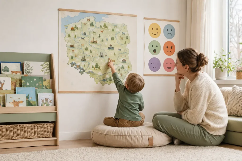 Ilustrowana mapa Polski i plansza emocji w kąciku czytelniczym