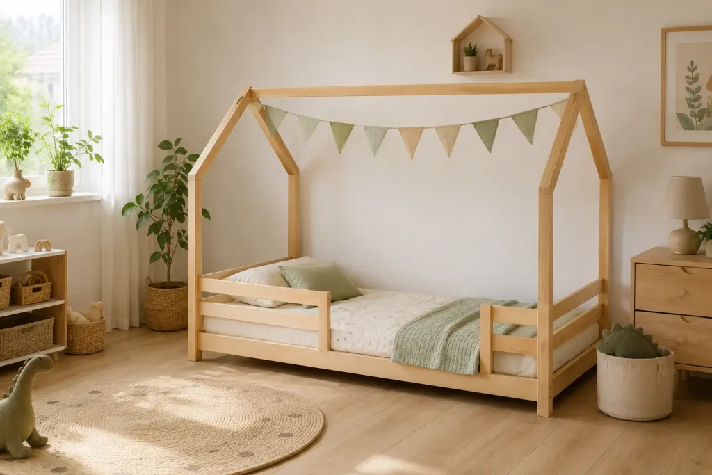  niskie drewniane łóżko domek 160 × 80 cm z częściową barierką, dopasowanym materacem i wolnym wejściem.
