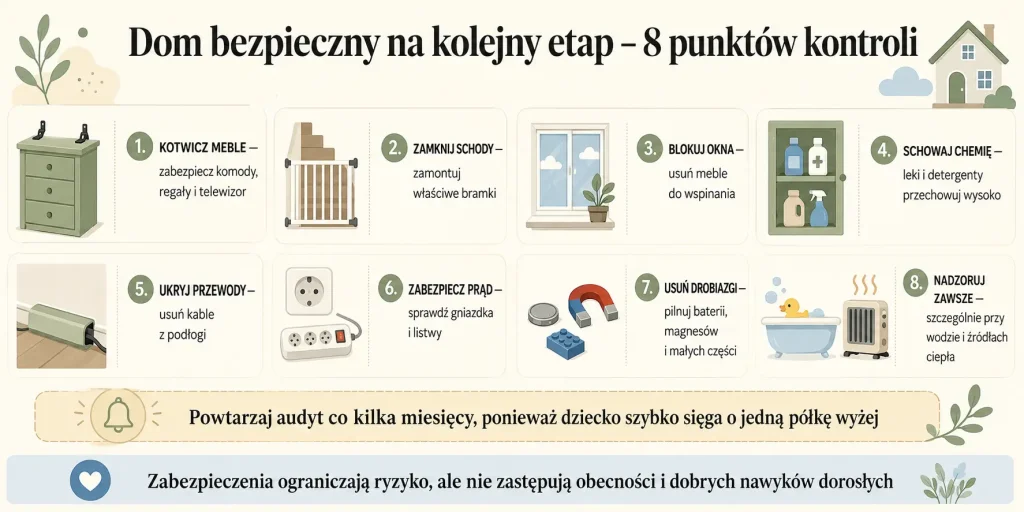 Powtarzaj audyt co kilka miesięcy, ponieważ dziecko szybko sięga o jedną półkę wyżej
