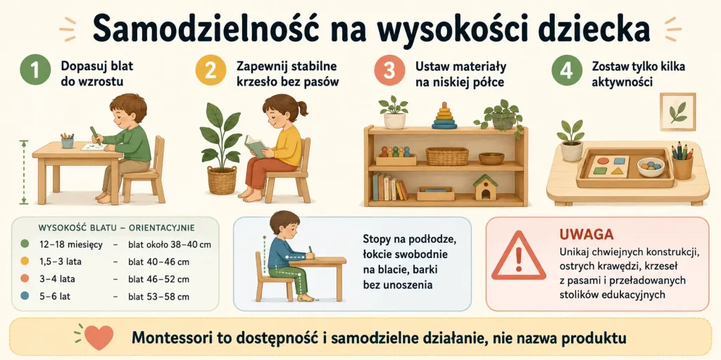dopasowany blat, stabilne krzesło, niska półka, mało aktywności i wszystko dostępne bez pomocy dorosłego