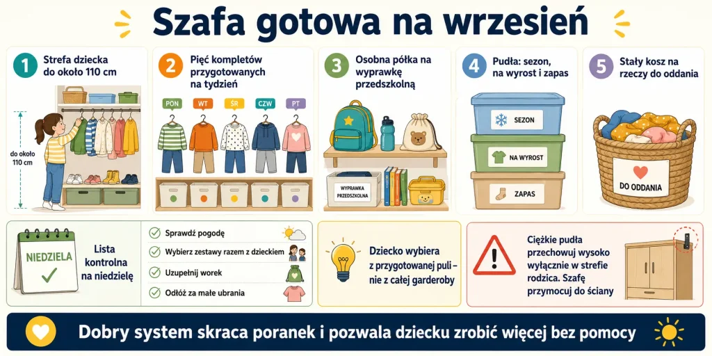 pięć kompletów na tydzień, strefa dziecka do 110 cm, osobna półka przedszkolna, pudła sezonowe i stały kosz „do oddania”