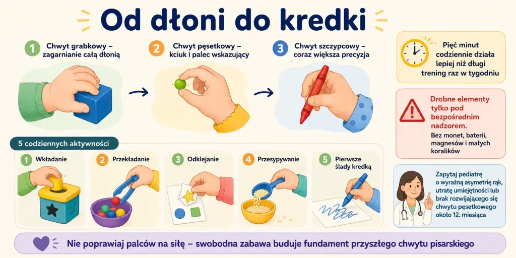 duże przedmioty, chwyt pęsetkowy, codzienne pięć minut, bezpieczne materiały i swobodne pierwsze ślady