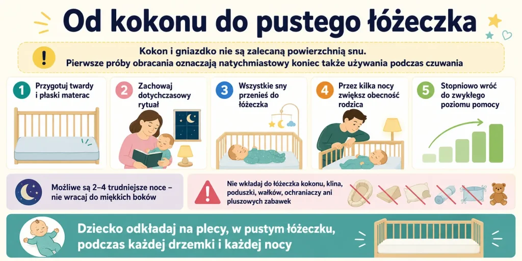odstaw gniazdko do snu od razu, zachowaj rytuał, zwiększ chwilowo obecność rodzica i nie zastępuj miękkich boków innymi wkładkami