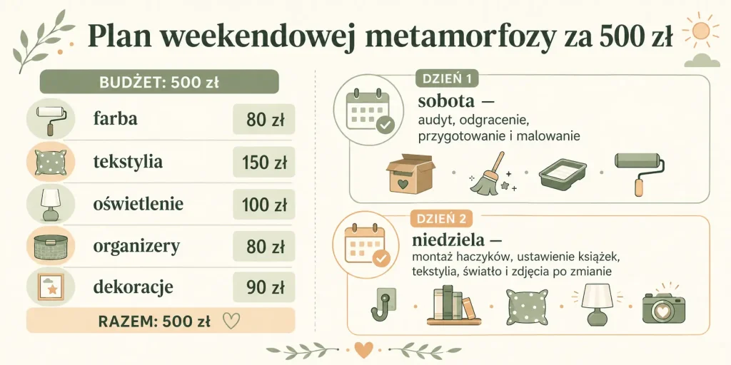 Podział budżetu na farbę, tekstylia, oświetlenie, organizery i dekoracje oraz harmonogram prac od sobotniego audytu do niedzielnych zdjęć gotowego pokoju