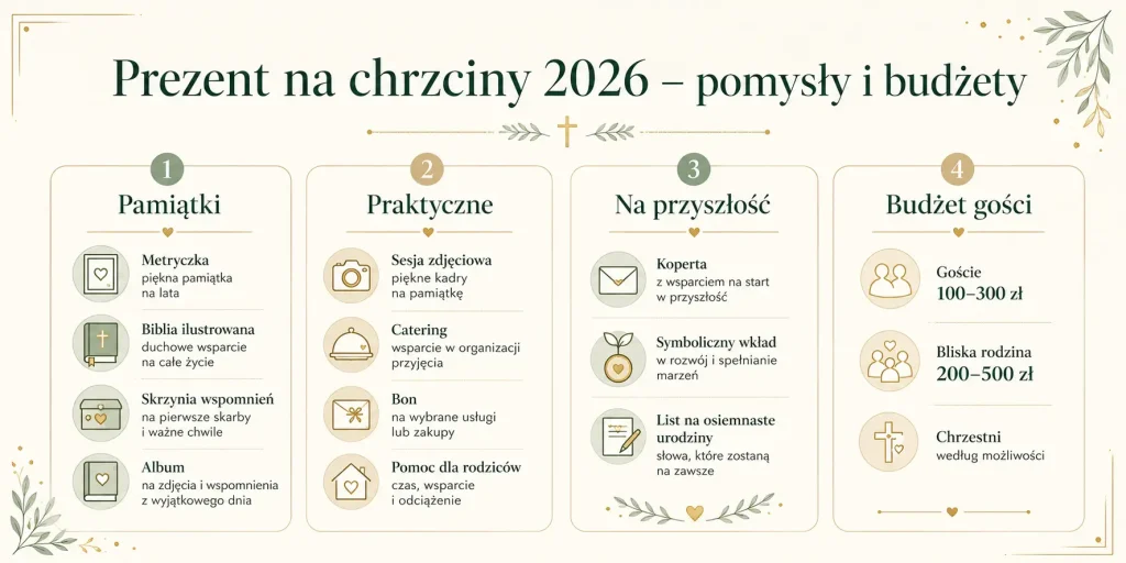 Zestawienie pamiątek, prezentów praktycznych, wkładów na przyszłość i orientacyjnych budżetów dla chrzestnych oraz gości