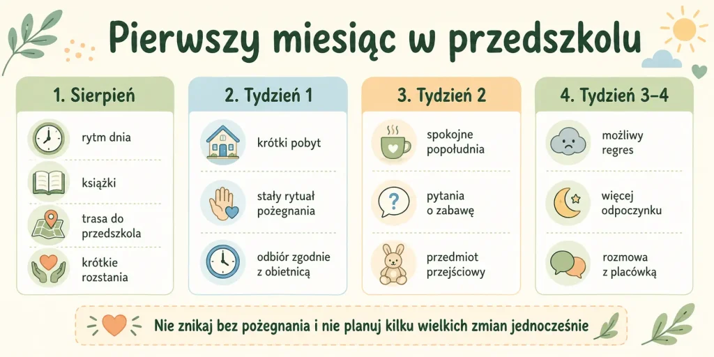 Plan od sierpniowych przygotowań przez rytuał pożegnania po reakcję na kryzys w trzecim i czwartym tygodniu