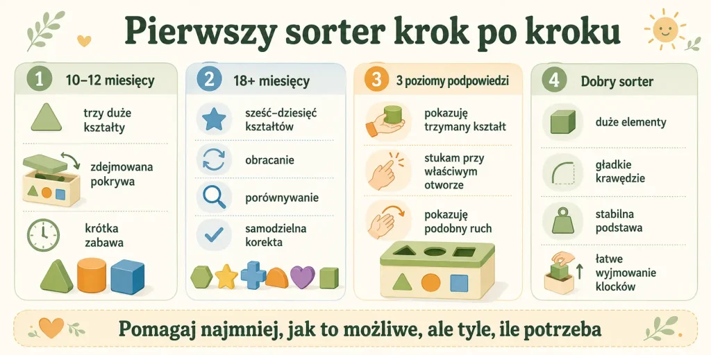 Wiek startu, liczba kształtów, trzy poziomy podpowiedzi i sygnały, że czas na trudniejszą zabawkę