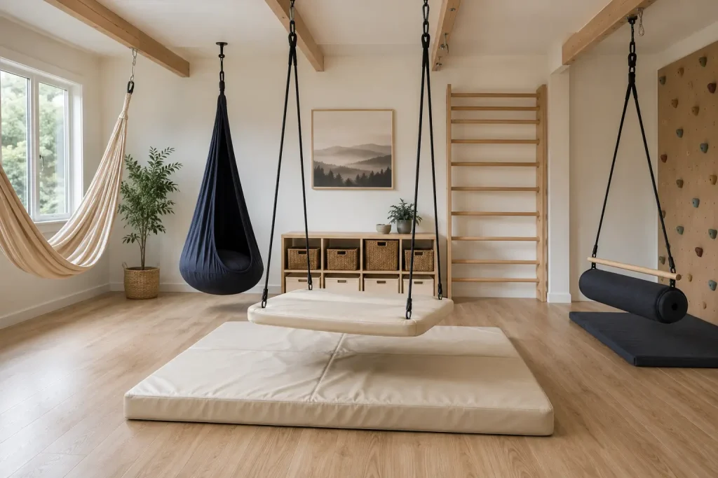 Platformowa huśtawka SI zawieszona nisko nad grubą matą w jasnym domowym kąciku ruchowym