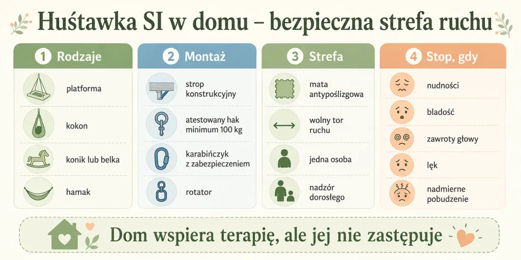 Rodzaje sprzętu, bezpieczny punkt mocowania, wolna strefa ruchu, 10 zabaw i sygnały do przerwania aktywności