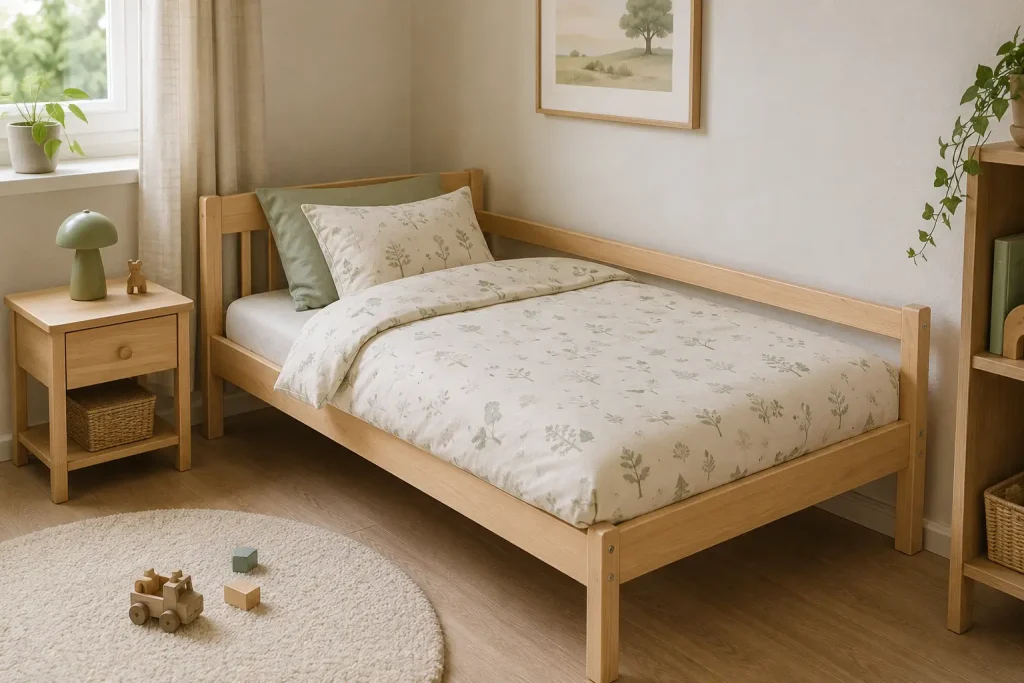  Dwie lekkie kołdry dziecięce w rozmiarach 100×135 i 135×200 ułożone przy łóżkach 160×80 oraz 90×200