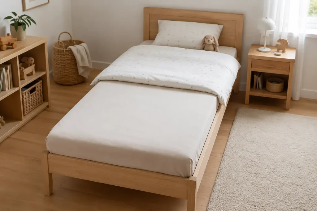 Dziecięce łóżko 160×80 z prawidłowo dopasowaną lekką kołdrą 100×135, bez nadmiernego zwisania