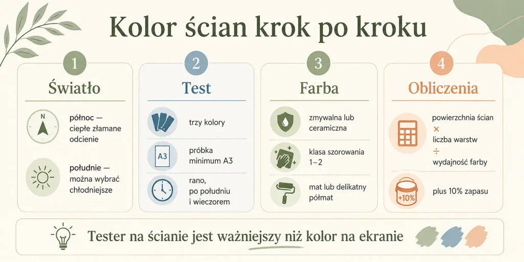 Dobór odcienia do światła, test w trzech porach dnia, wybór odpornej farby i obliczenie potrzebnej ilości
