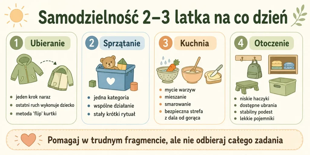Małe kroki w ubieraniu, wspólne sprzątanie, bezpieczne zadania kuchenne i otoczenie dostępne dla dziecka