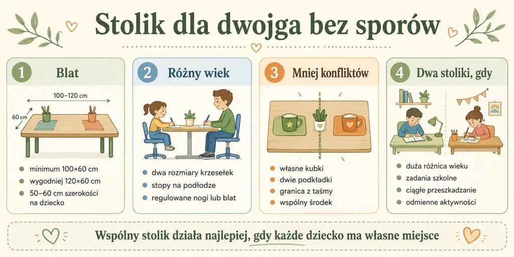 Wymiary dla dwójki, dwa krzesełka przy różnicy wieku, własne strefy i sygnały, że lepsze będą osobne stanowiska