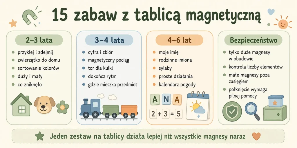 Pomysły dla dzieci 2–3, 3–4 i 4–6 lat, bezpieczne magnesy oraz prosty system rotacji zestawów