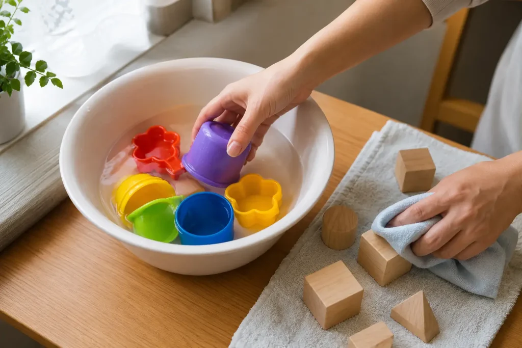 Plastikowe zabawki myte w misce oraz drewniane elementy delikatnie przecierane wilgotną ściereczką