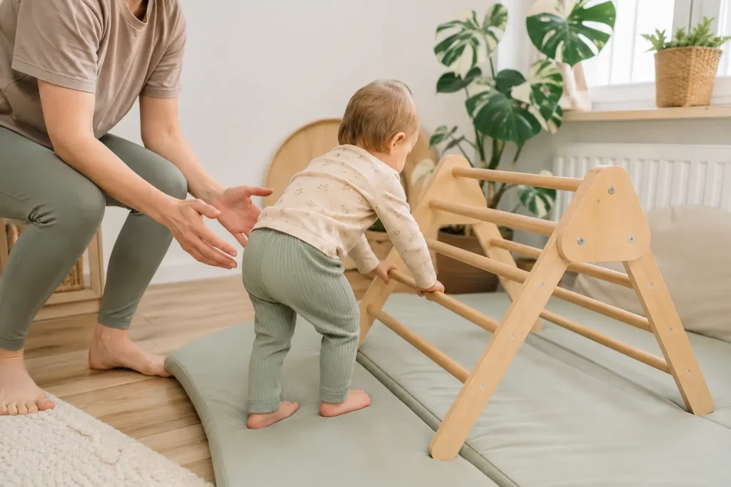 Niski drewniany trójkąt Piklera ustawiony na stabilnej macie w jasnym domowym kąciku ruchowym