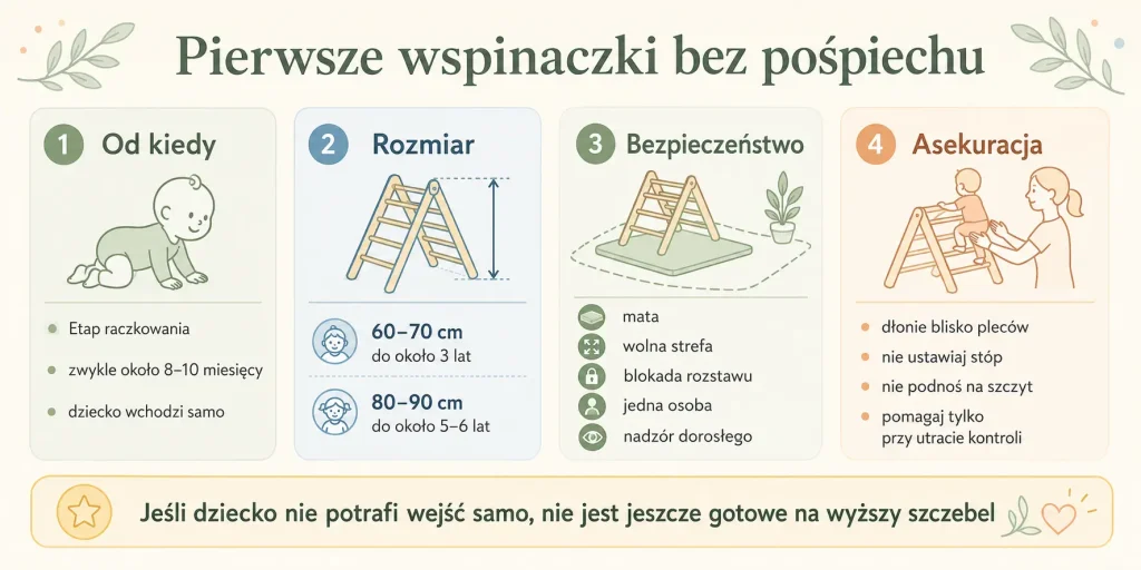 Gotowość dziecka, dobór wysokości, bezpieczne odstępy, mata i asekuracja bez prowadzenia za ręce