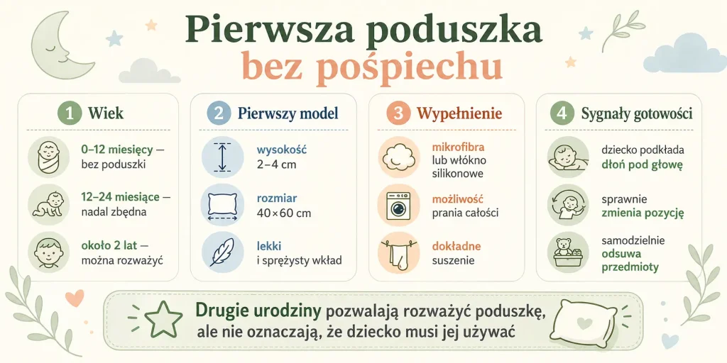 Granice wieku, wysokość 2–4 cm, rozmiar 40×60, pralne wypełnienie oraz sygnały gotowości dziecka