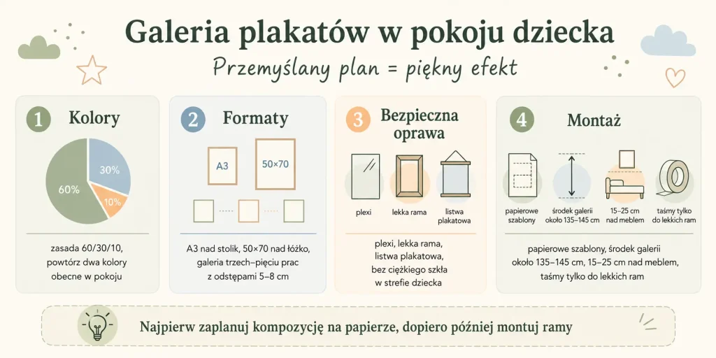Dobór kolorów, formaty A3 i 50×70, bezpieczne ramy, schematy rozmieszczenia oraz montaż bez wiercenia