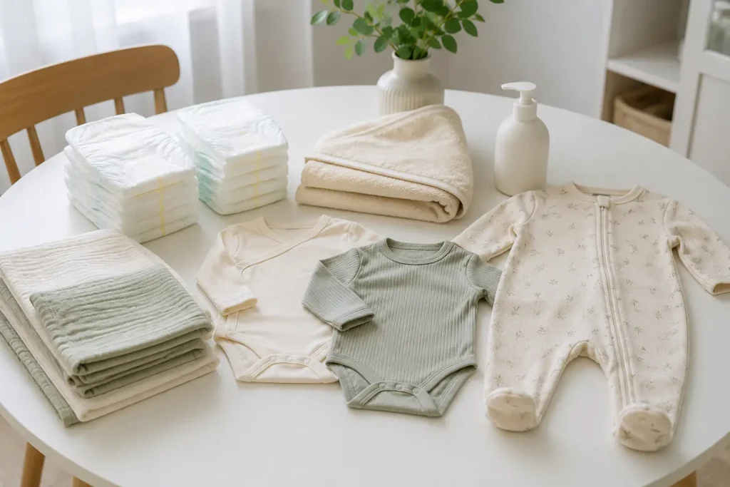 Praktyczne prezenty na baby shower dla mamy i noworodka przygotowane na jasnym stole
