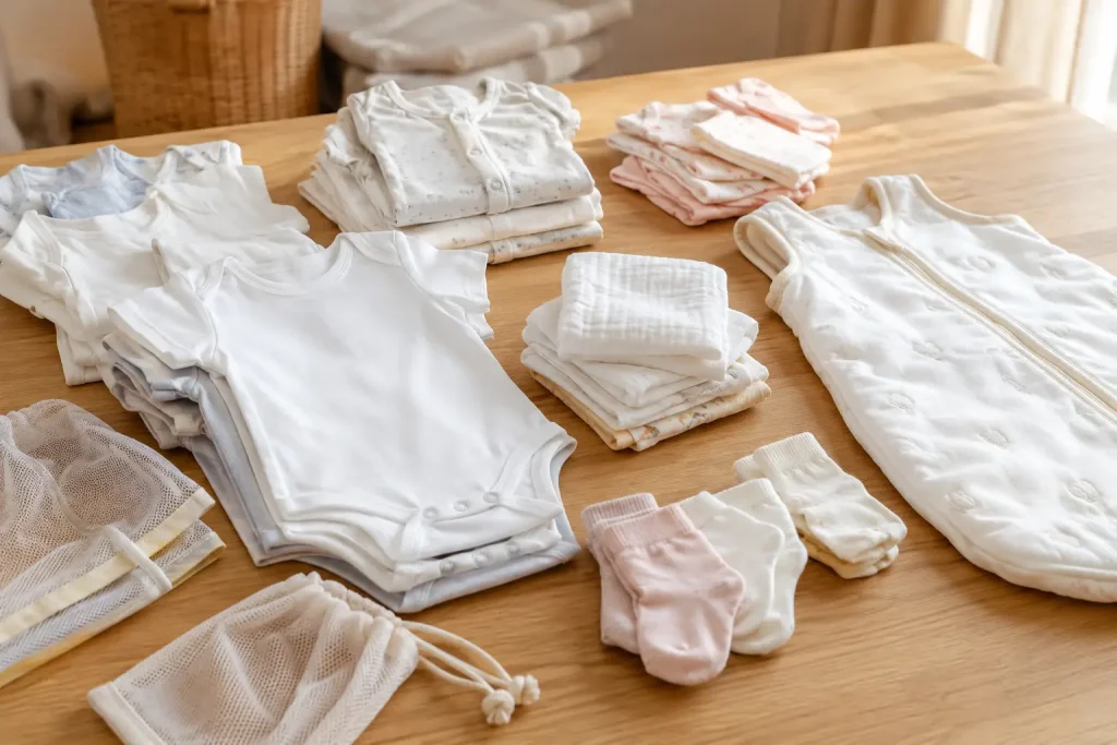 Posortowane body, śpiochy, pieluszki i śpiworek przygotowane do pierwszego prania