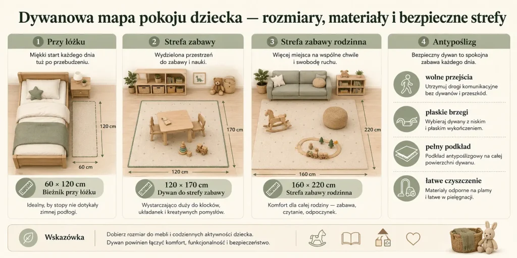 Dywanowa mapa pokoju dziecka — rozmiary, materiały i bezpieczne strefy