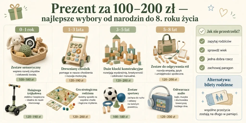 Prezent za 100–200 zł — najlepsze wybory od narodzin do 8. roku życia